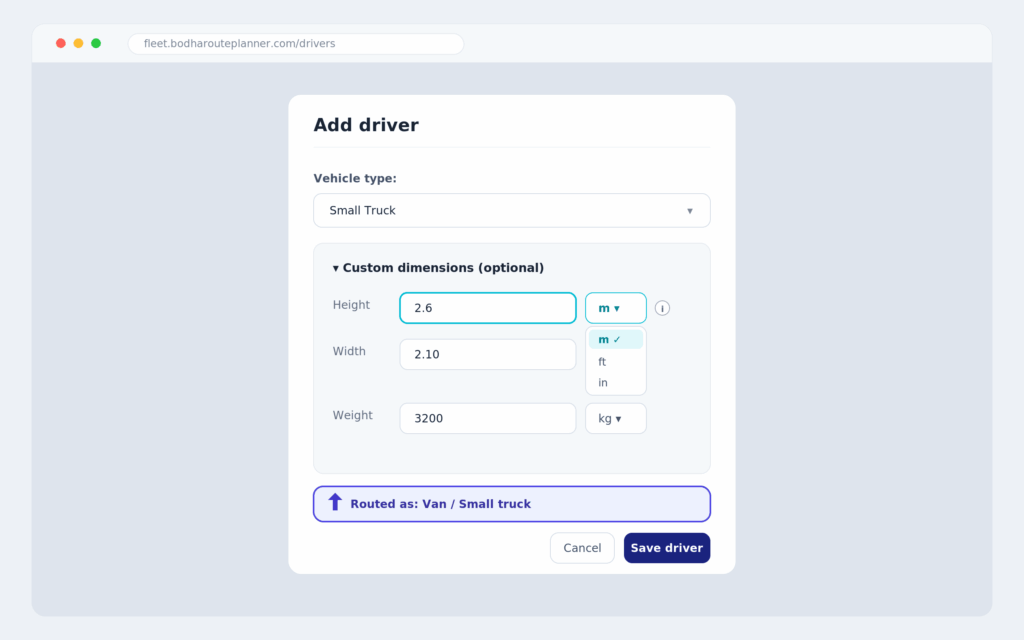 Vehicle dimension setup