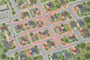 Aerial view of suburban neighborhood with chaotic zigzag delivery route line showing inefficient Amazon Flex stop order