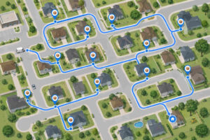 Aerial view of suburban neighborhood with clean optimized delivery route loop showing efficient stop order from an Amazon Flex route planner