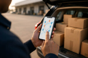 Close-up of delivery driver hands holding smartphone with route planner app showing multiple delivery stops at Amazon Flex station