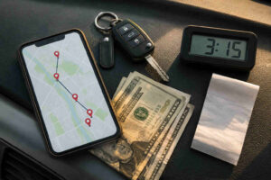 Flat lay on car dashboard showing smartphone with route map, car keys, dollar bills, and gas receipt representing Amazon Flex driver earnings and fuel savings